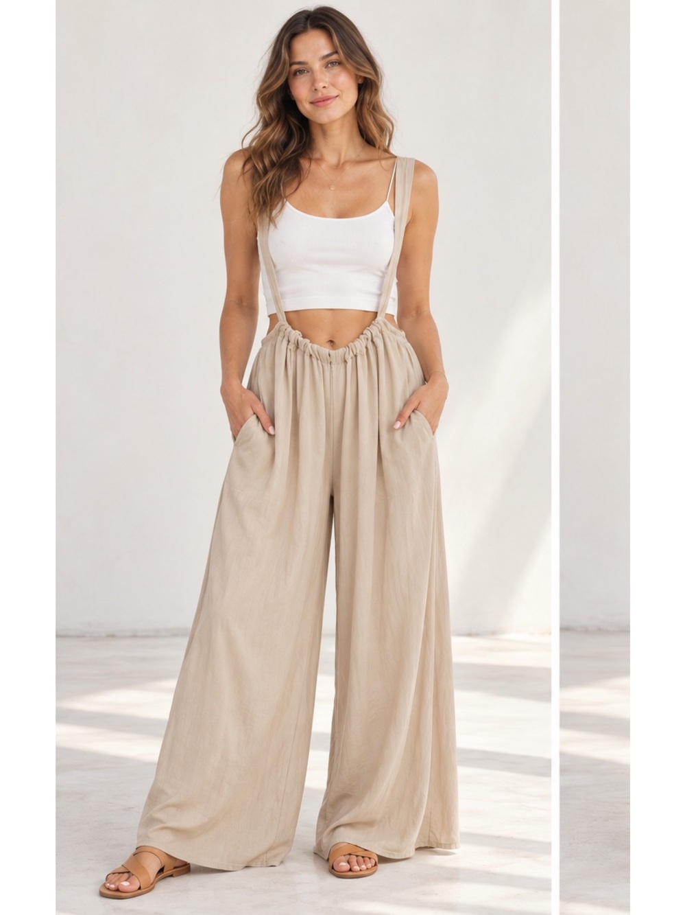 Zenana Neutral Beige Wide-Leg Boho Coastal Resort Casual Minimalist Jumpsuit M-L